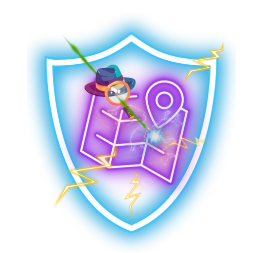 Logo der IT-Detektive Akademie: Ein leuchtend blauer Neon-Schutzschild umschließt eine stilisierte, lilafarbene Schatzkarte mit einem Standort-Pin. Über der Karte schwebt ein Detektivhut mit Lupe, während goldene Blitze Dynamik verleihen. Darunter steht in Cyan der Schriftzug ‚IT-DETEKTIVE AKADEMIE‘ und der Slogan ‚Spielerisch. Inklusiv. Sicher.‘ in warmem Gelb.